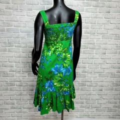 Vintage 90s Hawaiian Tropical Floral Sundress Smocked Green Hibiscus Tiki Pinup