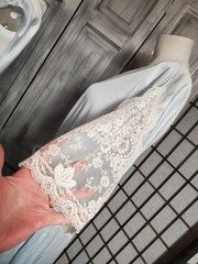 Vtg M-L 70s pale blue embroidered Lace nightgown Bell Sleeve Robe Peignoir *READ