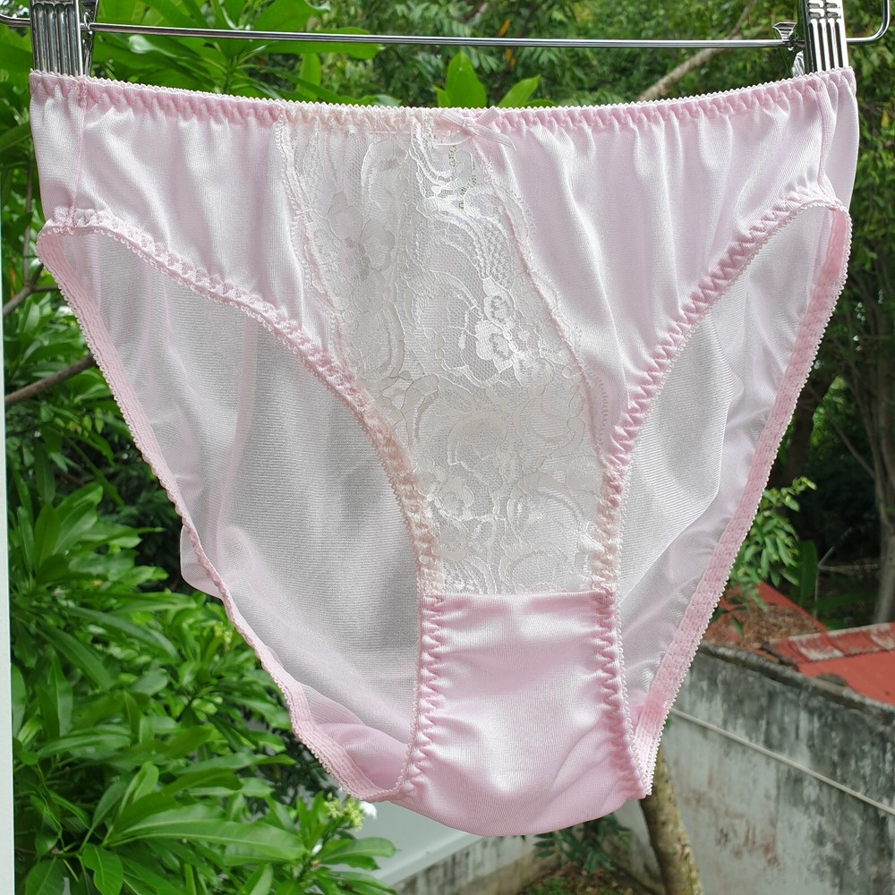 Vintage Silky Nylon Panties Pink Lace Bikini High Leg Brief Size 7-8 Hip 38-42″