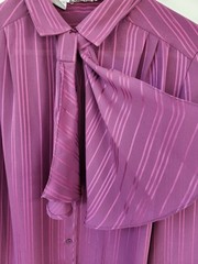 Vtg Retro Tie Neck Blouse Plum Color Grandmacore Button Shirt Sheer Pinstripe