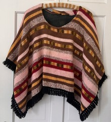 Vtg 60s 70s Unique Boho Multi Fabric Textile Fiber Art Knit Poncho Sweater S M L