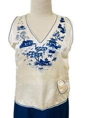 Antique Art Deco Silk Pajama Set Chinoiserie Embroidered 3 Pc Blue Lounge