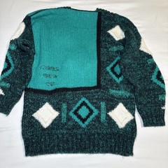 Vtg Susann D Sweater M Teal Ivory Geo Abstract Chunky Knit Wool Angora Blend EUC