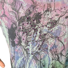 Vintage Dressbarn Y2K Pastel Blue Floral Nylon Mesh Tunic Top L Rhinestone Lace