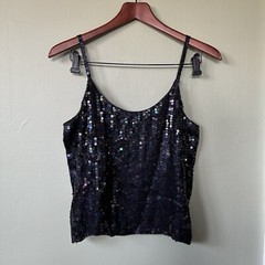 VTG 100% Silk Sequins Beaded Spaghetti Black Strap Top Spell Bound Size Medium