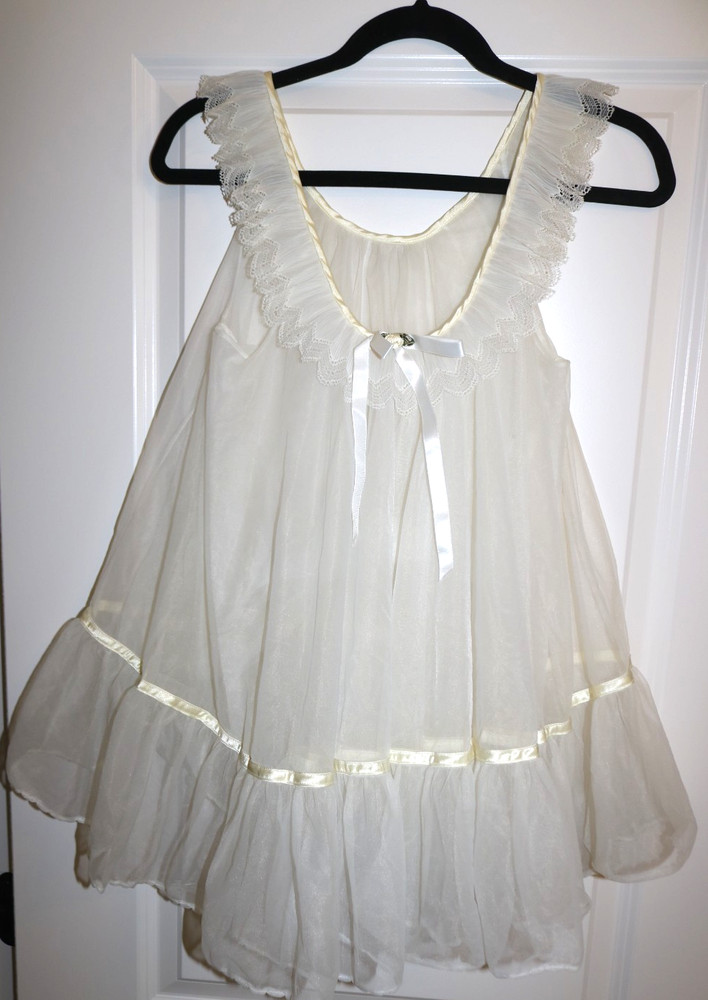VINTAGE RARE TOSCA LAYER NYLON CHiFFON BABYDOLL NiGHTiE Cream Ivory M LACE BOW