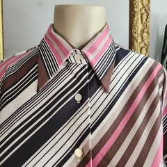 Vintage 70s Striped Button Up Shirt White Brown Retro Dagger Collar Size 10