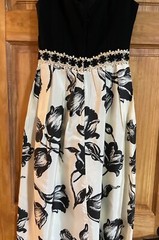 vintage 1960s formal long gown, ILGWU, black and white, no size tag, sleeveless