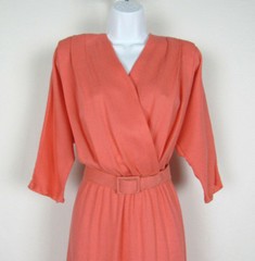 VTG 1970s 80s ITEMS CALIFORNIA DRESS & BELT CORAL COLOR RAYON FLAX FABRIC BELT