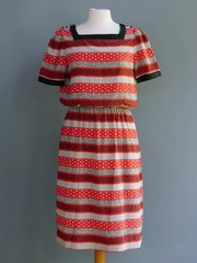 Vtg 80s Secretary Dress Red Black Stripe Square Neckline Silky Blouson M 12