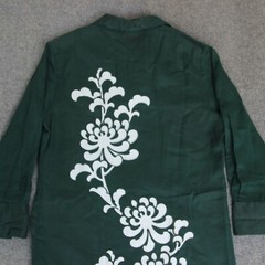 Alfred Shaheen Dress Est ~ 14 (L) Green VTG 60s 70s Floral Print SHEER SLEEVE