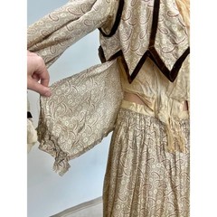 Antique Victorian Beige Printed Silk Two Piece Set Velvet Trim Net Lace Smocking