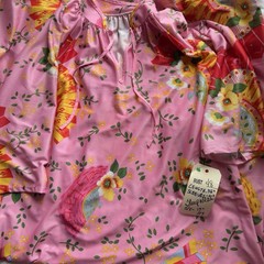 1970s Pink Japanese Fan Floral Housedress Maxi Robe Kaftan Tie Neck Vintage