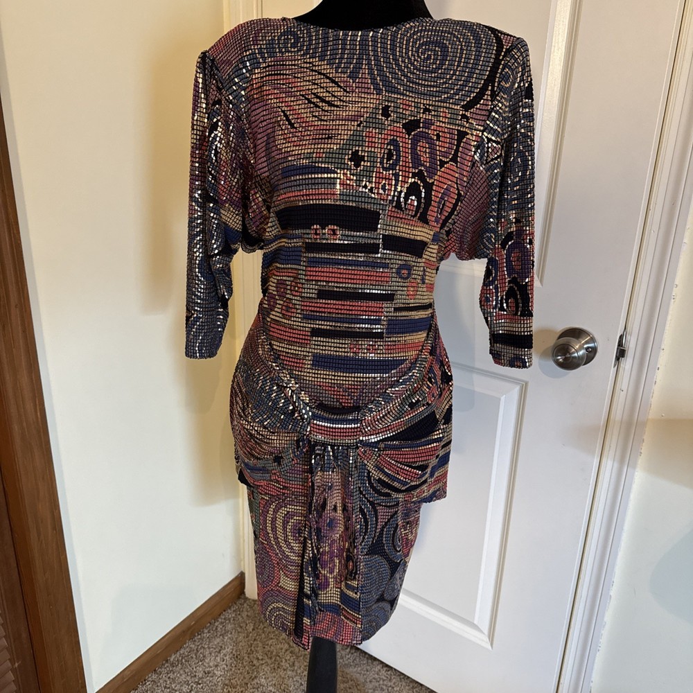 Vintage 80’s Janine Hand Painted Metallic Mosaic Print Cache Mini Dress Sz Small
