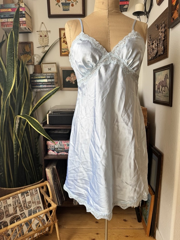 Vintage Chemise Nightgown Dress Pale Blue Satin Feel Lace V Neck Small/Medium