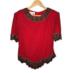 Laurence Kazar Beaded Blouse Womens Petite Large Red Silk Evening Top Vintage