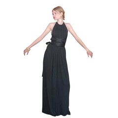 Vintage 70s Donald Brooks Eveing Dress Black Jersey Halter Maxi Gown XS/S