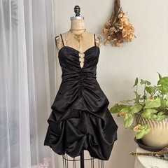 Vintage 80s Black Liquid Satin Mini Dress With Ruching Small Extra Small – ,