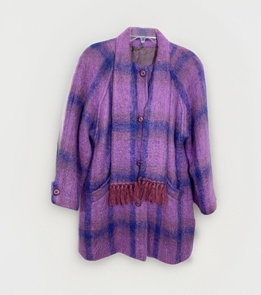 90s Donegal Design Mohair Wool Plaid Scarf Collar Coat Ireland Made VTG Large