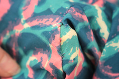 VTG Women’s 50s Blue & Pink Abstract Swirl Print Gathered Front Dress Sz M 1950s