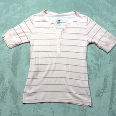 Vintage 90s Pink Striped Cotton Henley Top Short Sleeve Bugle Boy Size XS