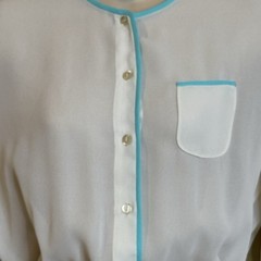 70s Vintage Sheer Long Sleeve White Blue Secretary Dress size M