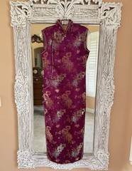 Vintage Silky Burgundy Floral Traditional Sleeveless Chemise Dress S/M