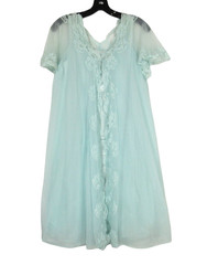 VTG SEARS Blue NYLON Lace & Satin Detail PEIGNOIR ROBE/NIGHTGOWN 2Pc SET Sz S