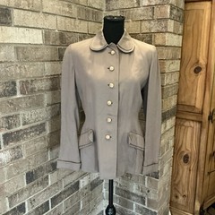 40s 50s VINTAGE Ruth Taupe Suit Jacket Midi Skirt Set Green Lining Size XS #45E3