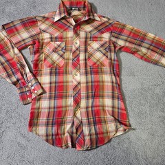Van Heusen Womens Small Western Pearl Snap Shirt Red Plaid Vintage Long Sleeve