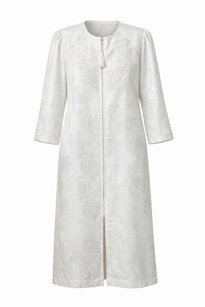 Vtg White Floral Jacquard Bridal Hostess Gown Robe L Embroidered Eve Stillman