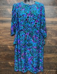 Sally III Vgt Dress 1980 Size 24 Black Teal Purple Floral Rayon Button Front