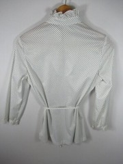 Vintage 70s High Neck Ruffle Belted Blouse Blue/White Polka Dot Polyester