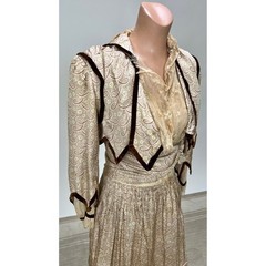 Antique Victorian Beige Printed Silk Two Piece Set Velvet Trim Net Lace Smocking