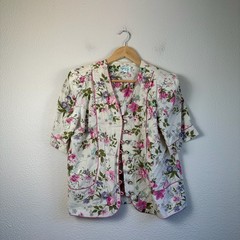 Lady Carol Petites Blouse Women 12 White Excellent Floral Button Up Short Sleeve