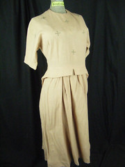 A MINX MODES JR Vtg 50s Pale Pink Wool Rhinestones Dress-Bust 34/2XS-XS,AS-IS