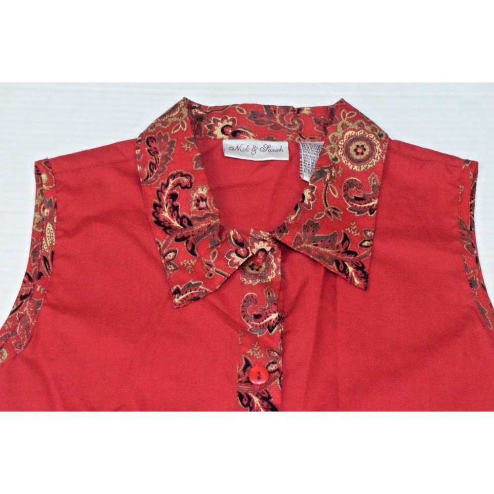 VTG Sleevless Shirt Nick & Sarah Size M 90s Merlot Fancy Gold Green Paisley Trim