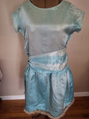 Vintage 1920s Turquoise Blue Flapper Swansdown Trimmed Dress With Waist Sash