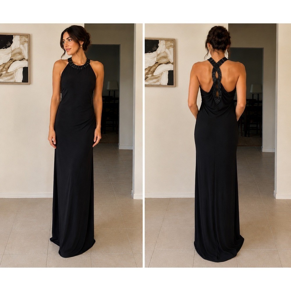Lauren Ralph Lauren Vintage Black Halter Gown Beaded Neck Open Back Dress Size 8