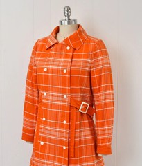 1970s Courreges Hyperbole Orange White Plaid Cotton Coat Jacket Dress