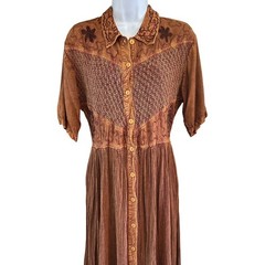 90s M.P.H. Maxi Dress Bohemian Western Earthy Brown Embroidered Button Front L