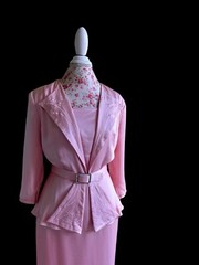 Vintage 1980’s Wiggle Dress Pink Satin Rhinestone Belt Holiday Avant Garde 40’s
