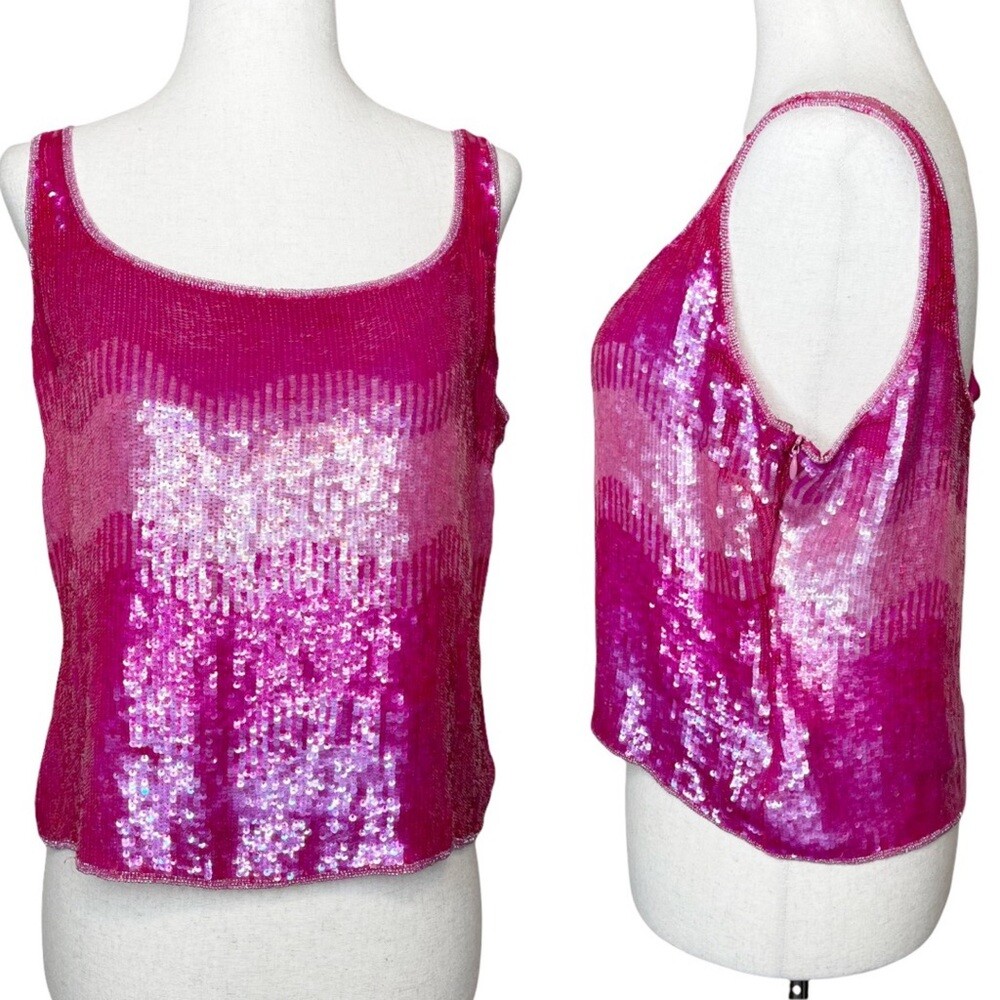 Vintage 100% Silk Beaded Ombre Barbie Pink Sleeveless Top
