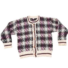 VTG Hand Made Wool Cardigan Sweater Size Large Wood Buttons Chunky Knit Plaid