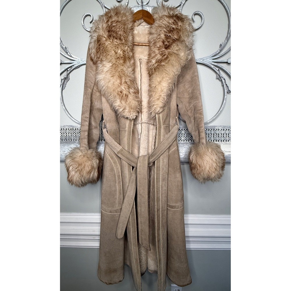 Vintage 1950s-1960s Tan Suede Leather Trench Coat Fur Collar Cuffs No Tags Sz S