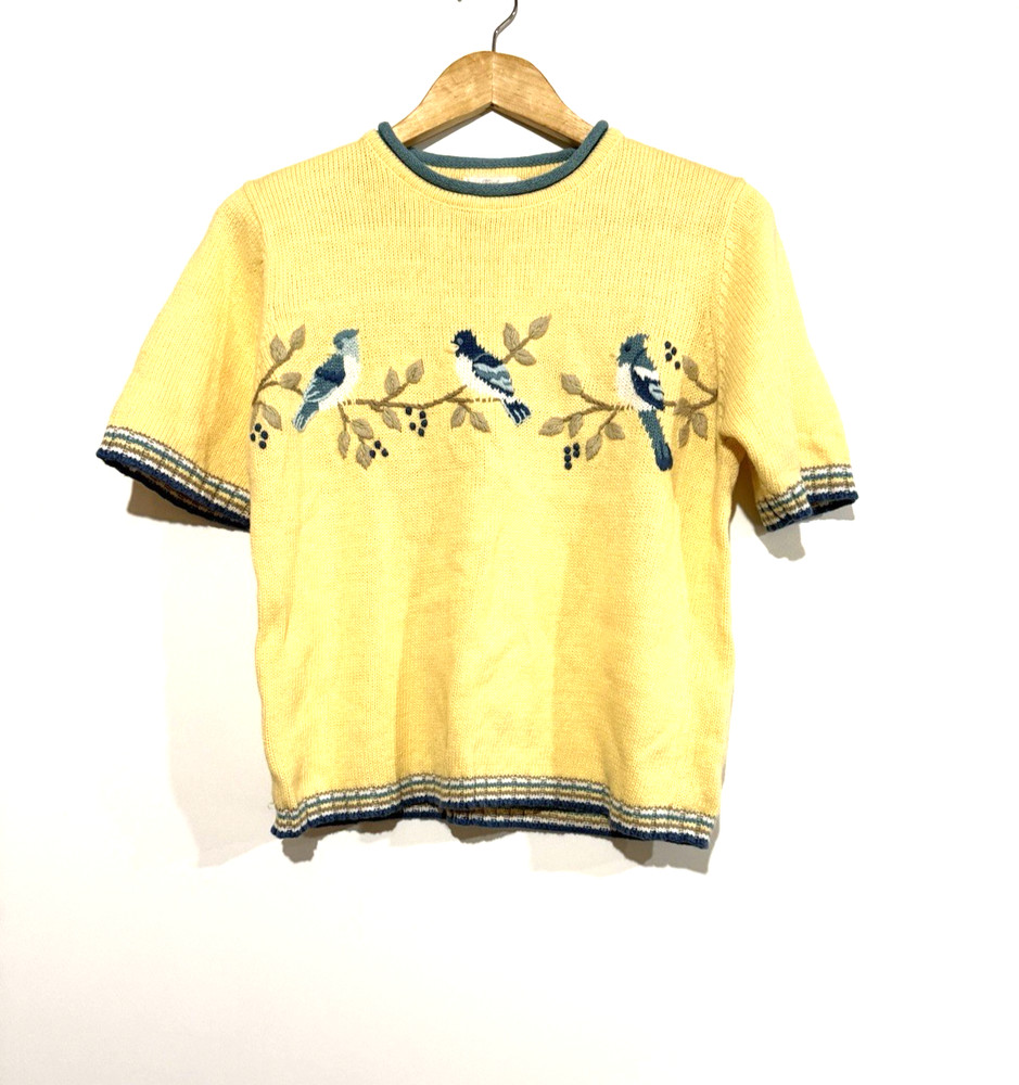 Vintage Y2K Summer Knit Sweater Short Sleeve Woman S Birds All Over Print Granny