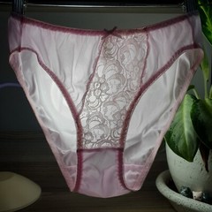 Vintage Silky Nylon Panties Pink Lace Bikini High Leg Brief Size 7-8 Hip 38-42″