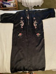 VTG Golden Bee Black Satin Kimono Full Length Robe Embroider Bird Rayon M -12