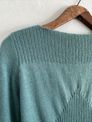 Vintage 30s 40s Turquoise Deco Ribbed Boat Neck Sweater Knit Wool Top XXS XS S