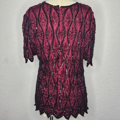 Stenay Petite Vintage Beaded Sequin Silk Blouse Burgundy Black Scalloped PL